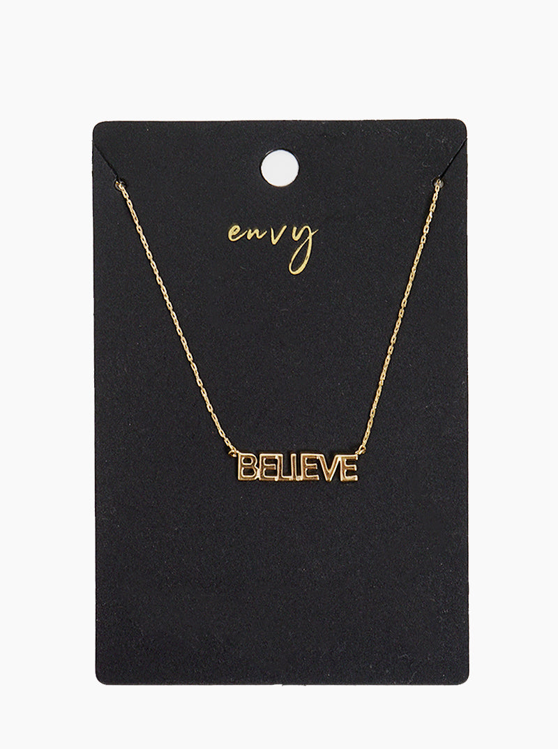 BELIEVE Word Pendant Brass Necklace