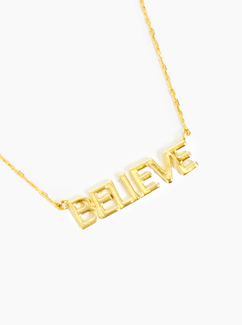 BELIEVE Word Pendant Brass Necklace