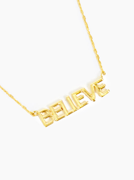 BELIEVE Word Pendant Brass Necklace