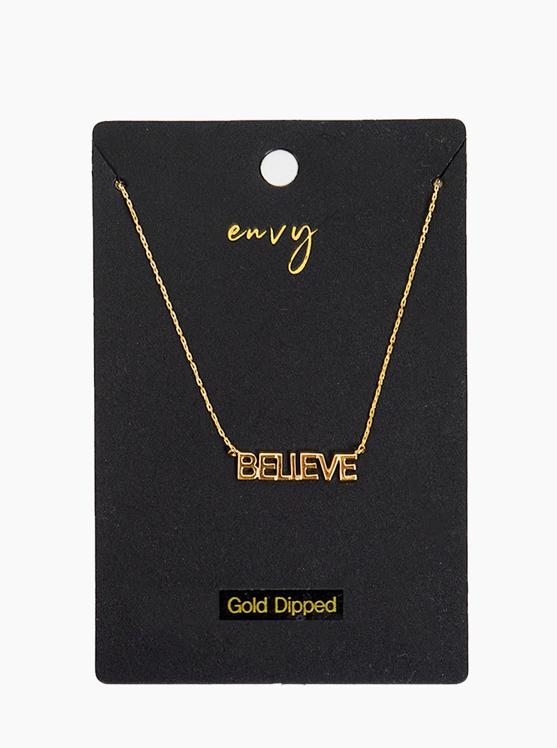 BELIEVE Word Pendant Brass Necklace