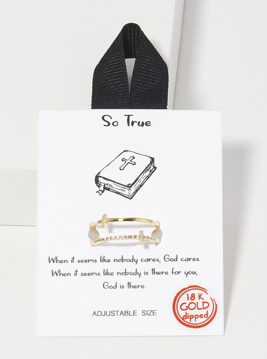 White Gold Dipped So True Double Cross Adjustable Ring Gold-Crystal