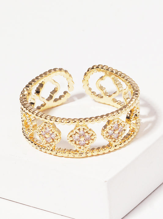Rhodium Dipped CZ Quatrefoil Delicate Adjustable Ring GOLD-CRYSTAL