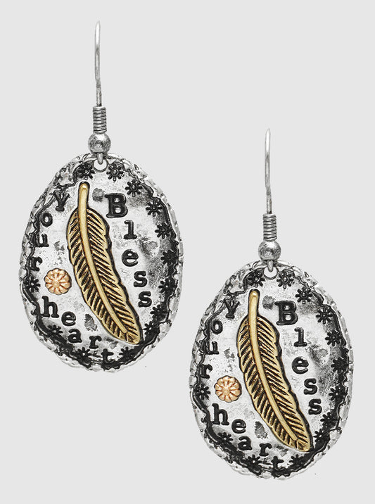 BLESS YOUR HEART ENGRAVED FEATHER METAL DANGLE DROP EARRINGS