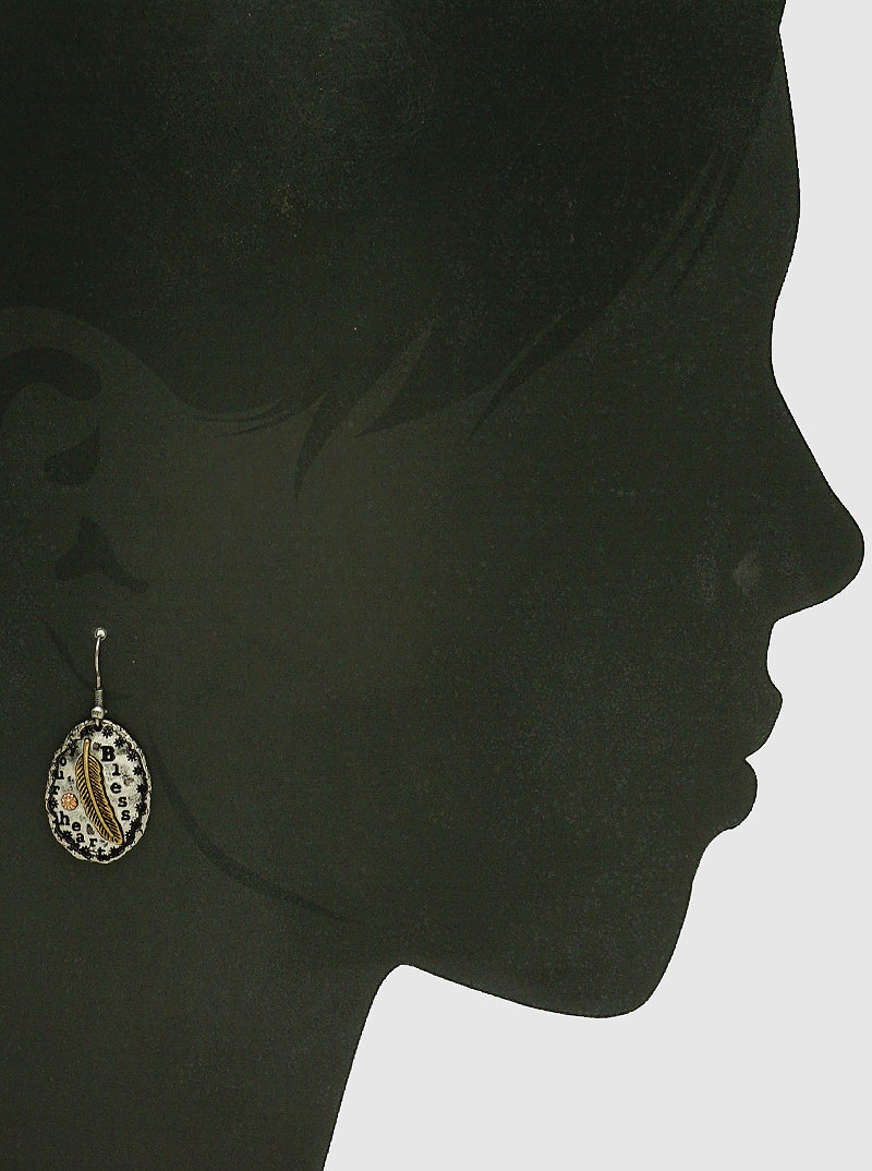 BLESS YOUR HEART ENGRAVED FEATHER METAL DANGLE DROP EARRINGS