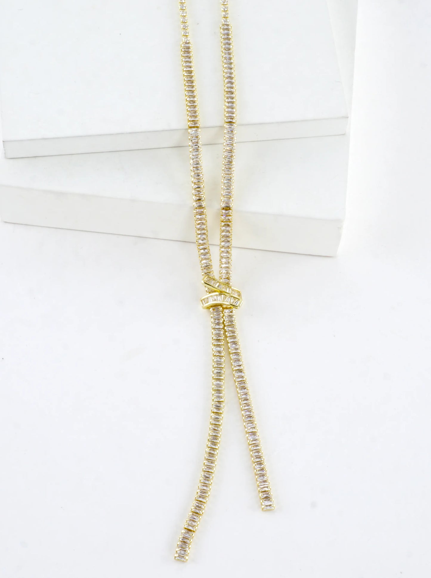 Baguette CZ X Knot Y-Drop Tennis Necklace