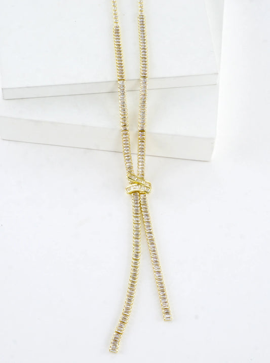 Baguette CZ X Knot Y-Drop Tennis Necklace