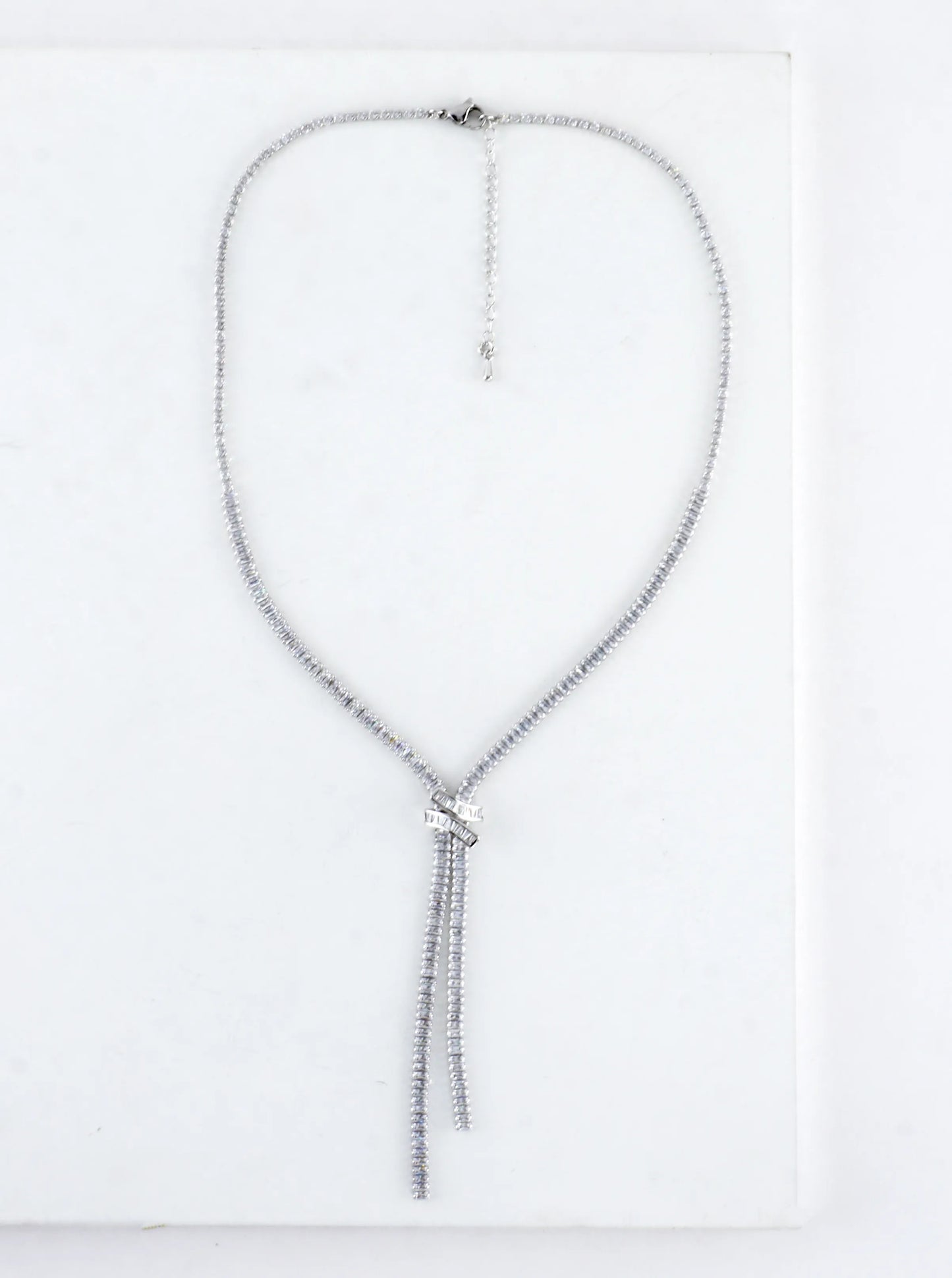 Baguette CZ X Knot Y-Drop Tennis Necklace