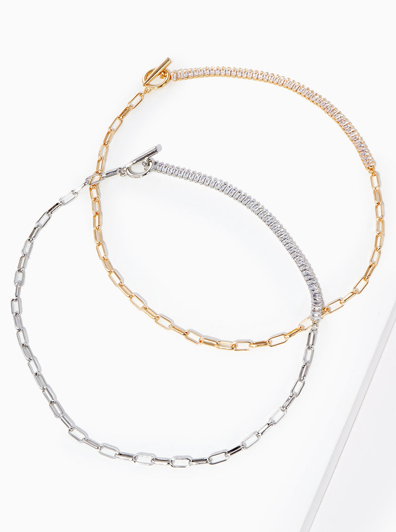 Baguette CZ And Link Chain Combination Toggle Closure Delicate Necklace