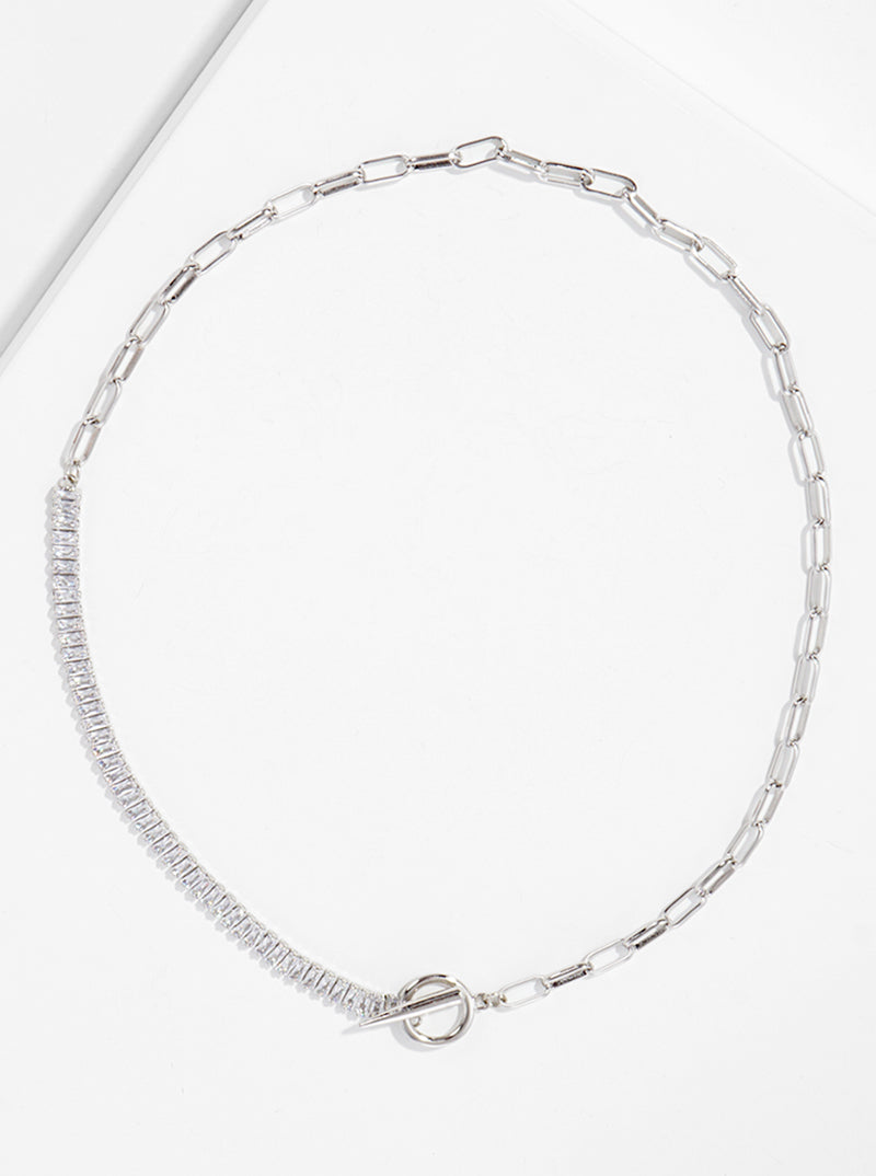 Baguette CZ And Link Chain Combination Toggle Closure Delicate Necklace