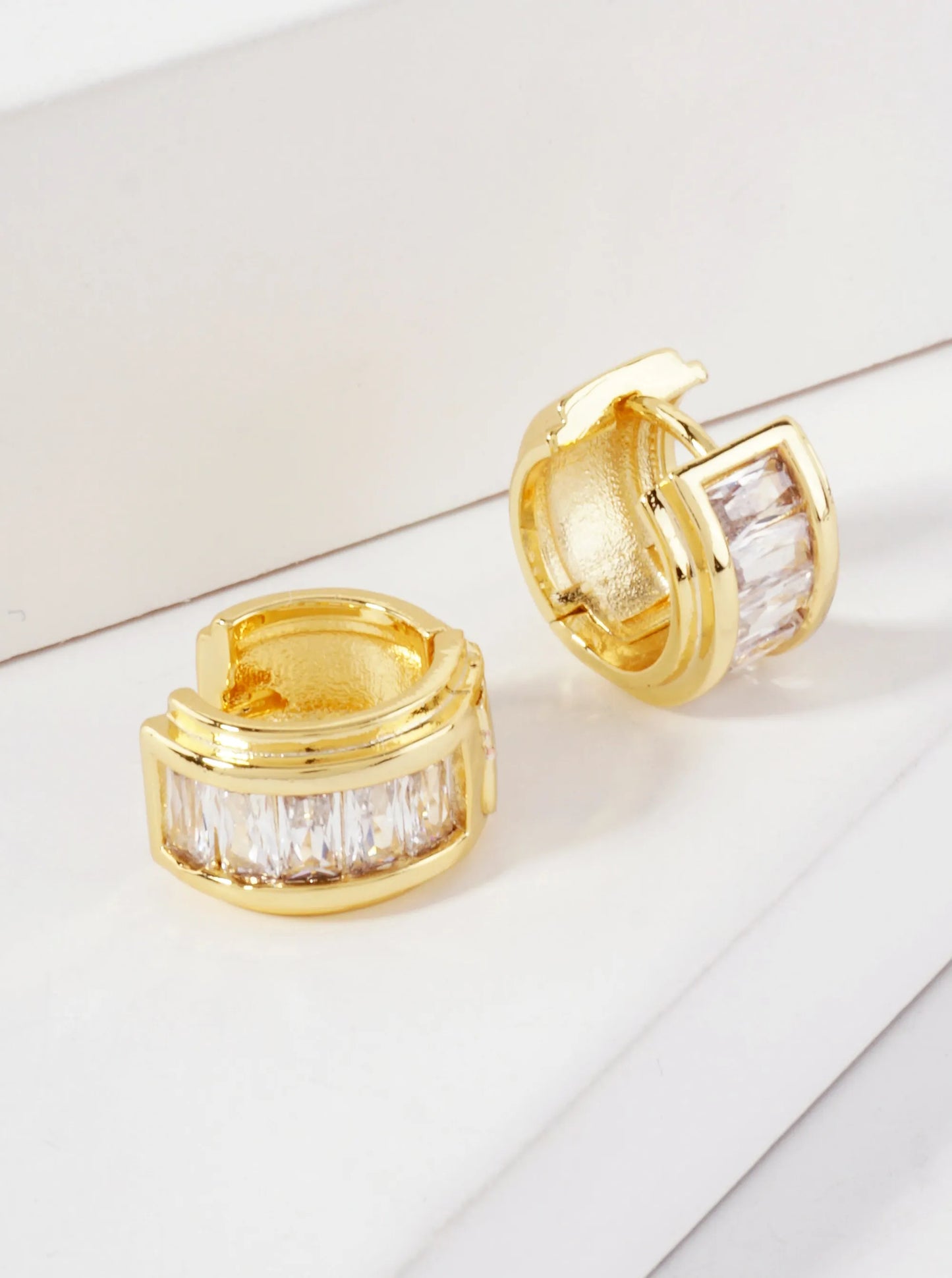 Baguette-Cut CZ Accents 10mm 14K-Gold-Dipped Small Huggie Hoop Earrings
