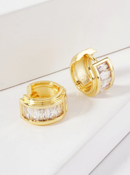 Baguette-Cut CZ Accents 10mm 14K-Gold-Dipped Small Huggie Hoop Earrings