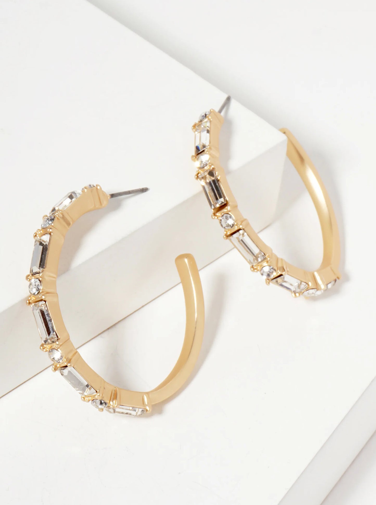 Baguette-Stone-Studded 40mm Angular Hoop Earrings