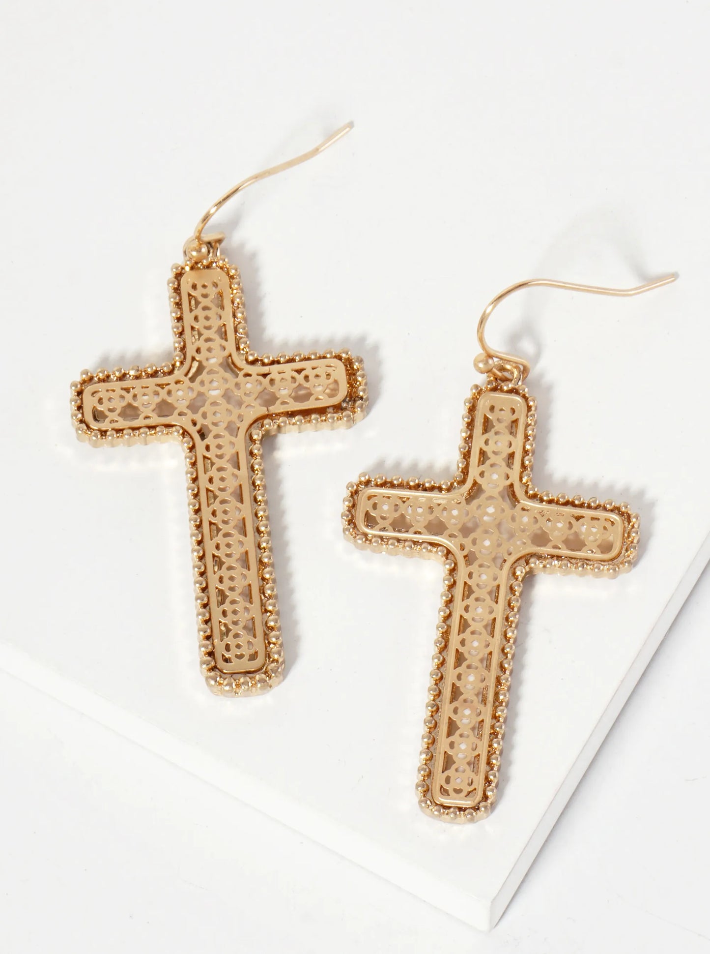 Ball-Texture Quatrefoil Pattern Filigree Cross Drop Dangle Earrings