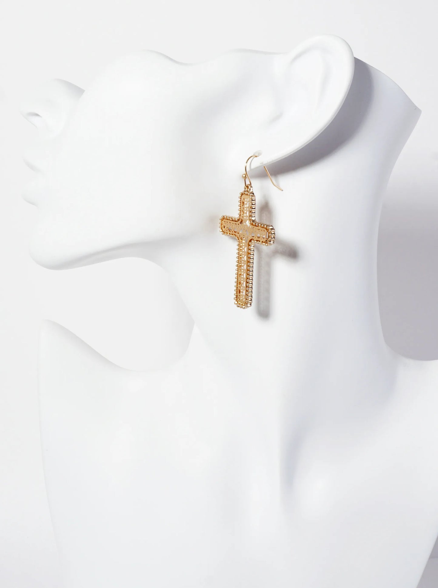 Ball-Texture Quatrefoil Pattern Filigree Cross Drop Dangle Earrings