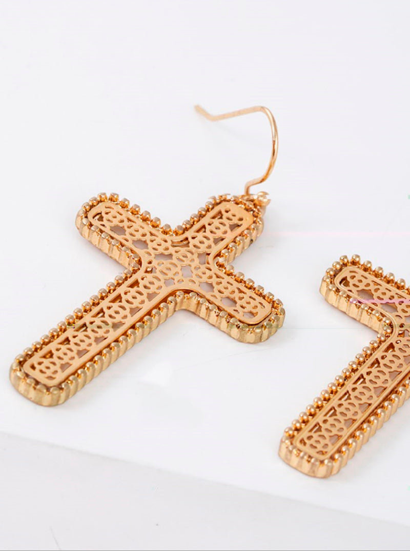 Ball-Texture Quatrefoil Pattern Filigree Cross Drop Dangle Earrings