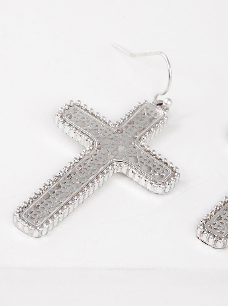 Ball-Texture Quatrefoil Pattern Filigree Cross Drop Dangle Earrings