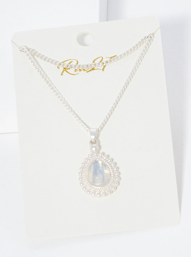 Ball Textured Teardrop Moon Stone Pendant Layered Necklace