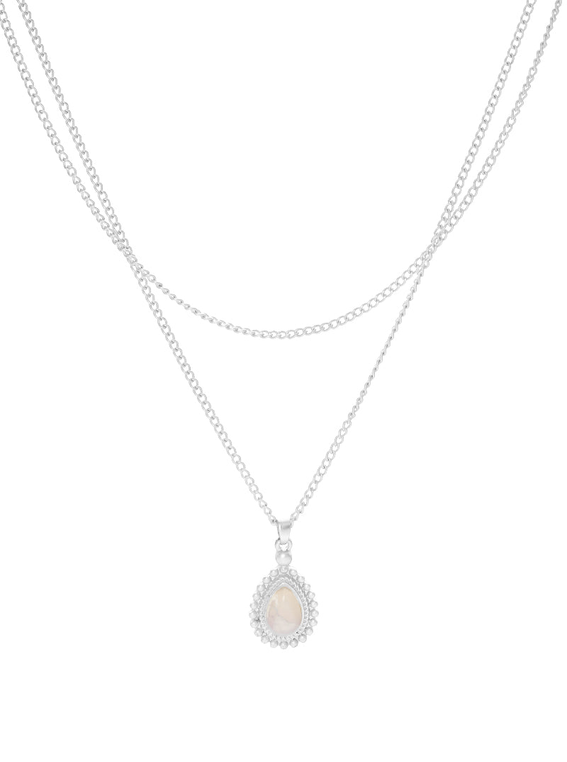 Ball Textured Teardrop Moon Stone Pendant Layered Necklace