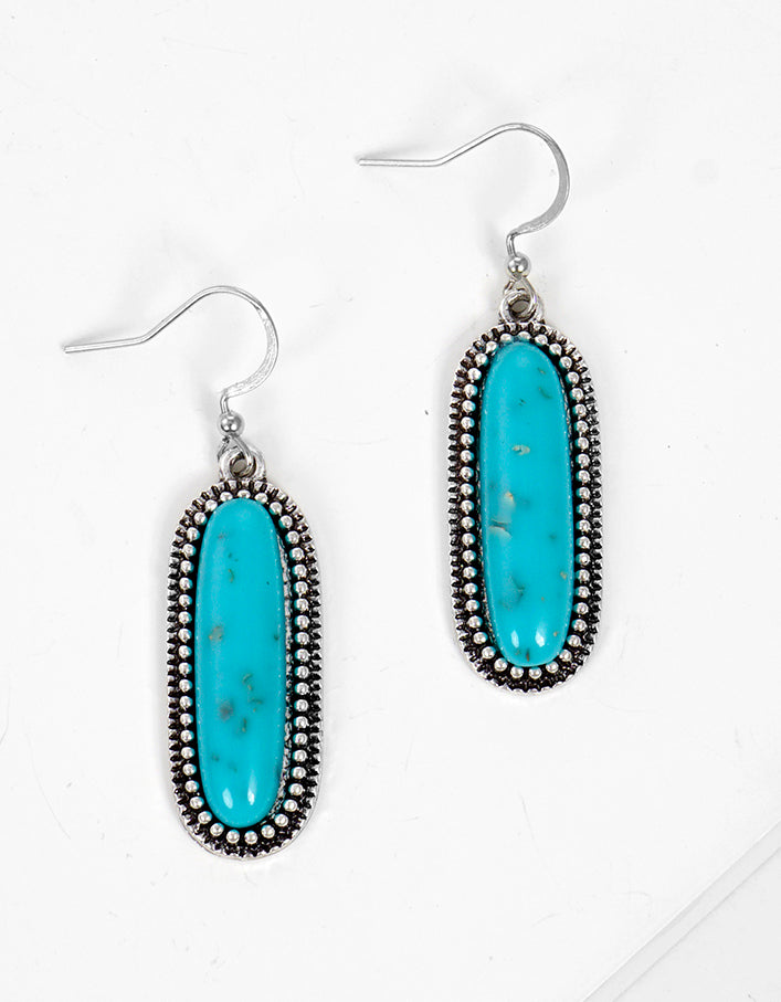 Ball Textured Antique Burnished Silver Turquoise Oval Dangle Drop Earrings