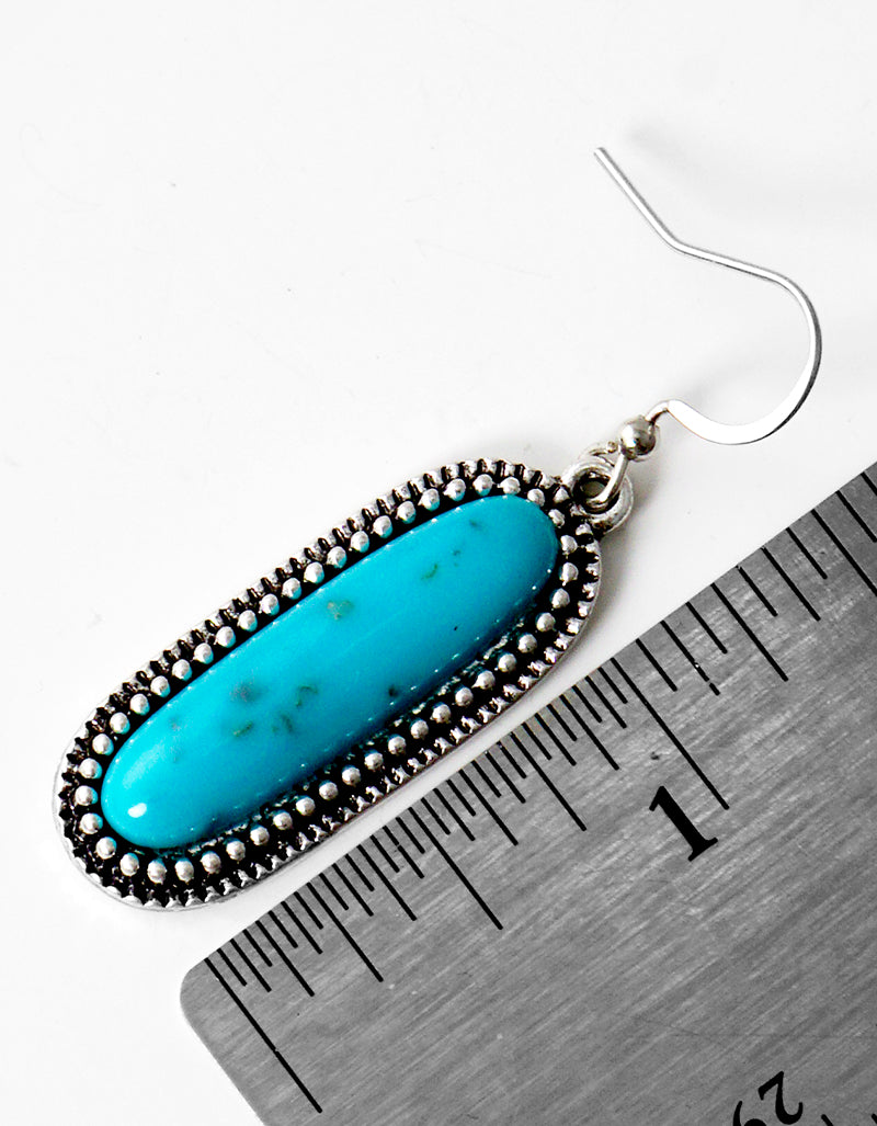Ball Textured Antique Burnished Silver Turquoise Oval Dangle Drop Earrings