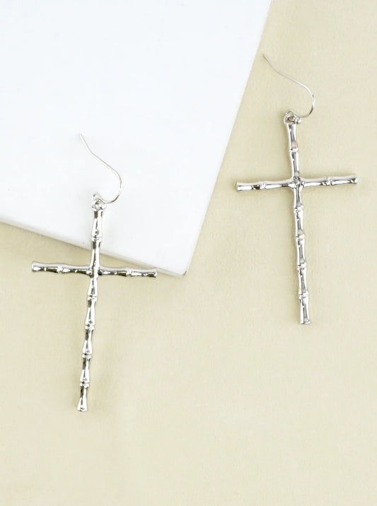 Bamboo-Texture Metal Cross Dangle Earrings