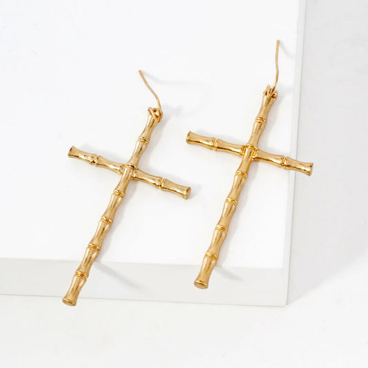 Bamboo-Texture Metal Cross Dangle Earrings