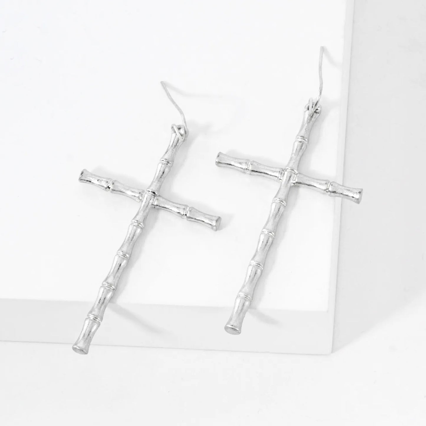 Bamboo-Texture Metal Cross Dangle Earrings