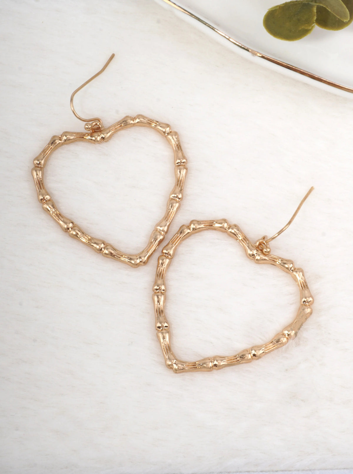 Bamboo Textured Heart Drop Earrings - Worn Gold