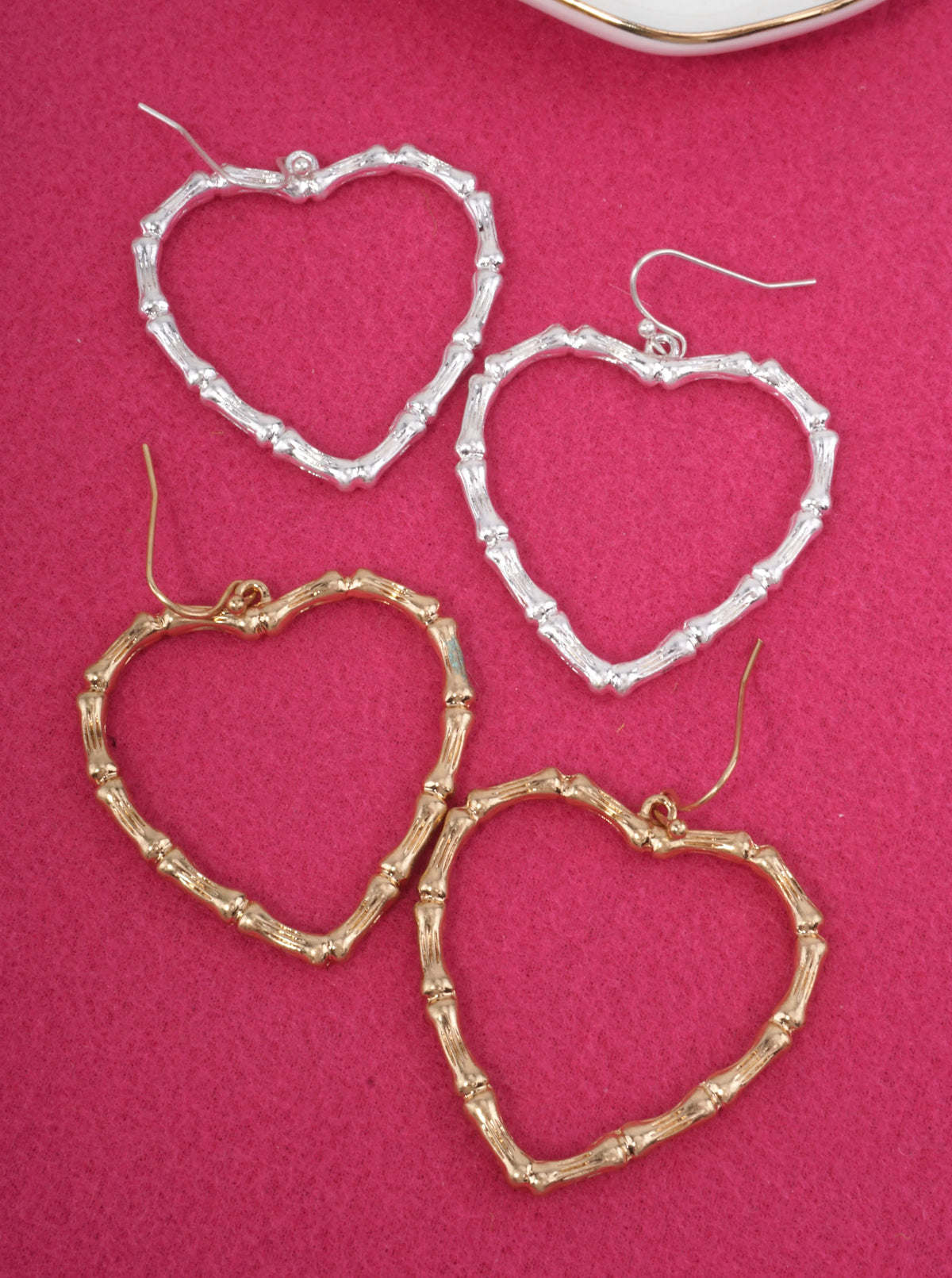 Bamboo Textured Heart Drop Earrings - Worn Gold