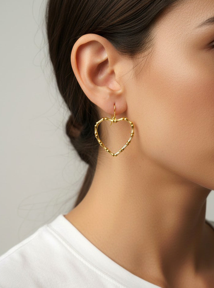 Bamboo Textured Heart Drop Earrings - Worn Gold