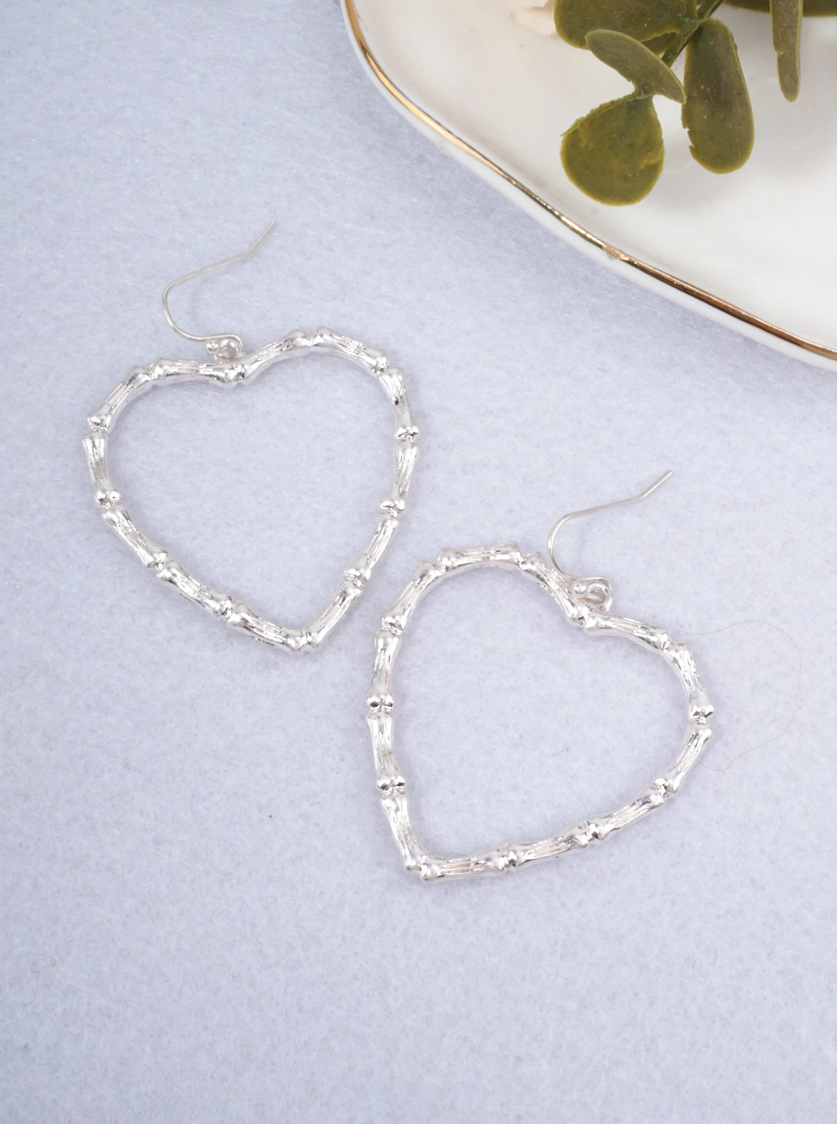 Bamboo Textured Heart Drop Earrings - Worn Silver