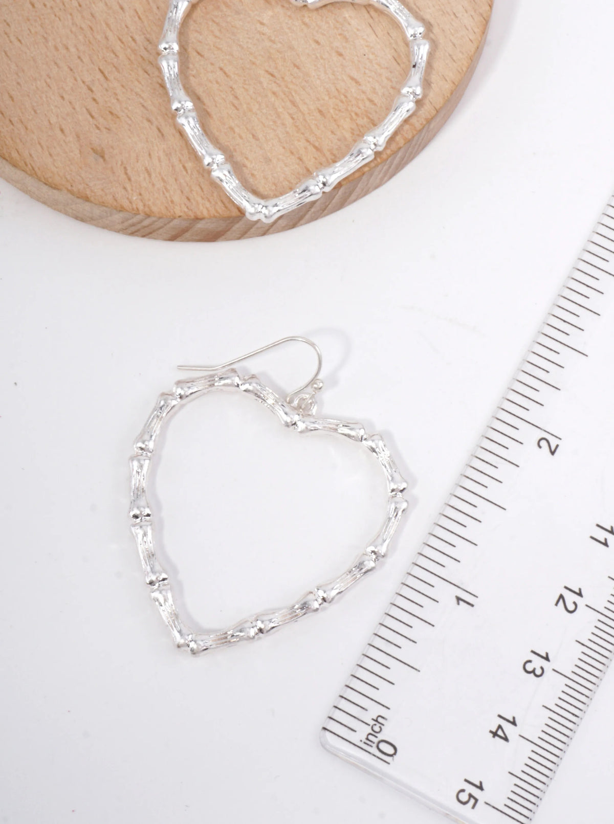 Bamboo Textured Heart Drop Earrings - Worn Silver