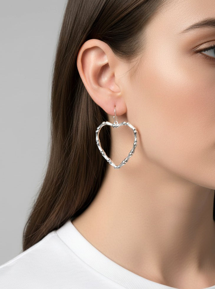 Bamboo Textured Heart Drop Earrings - Worn Silver