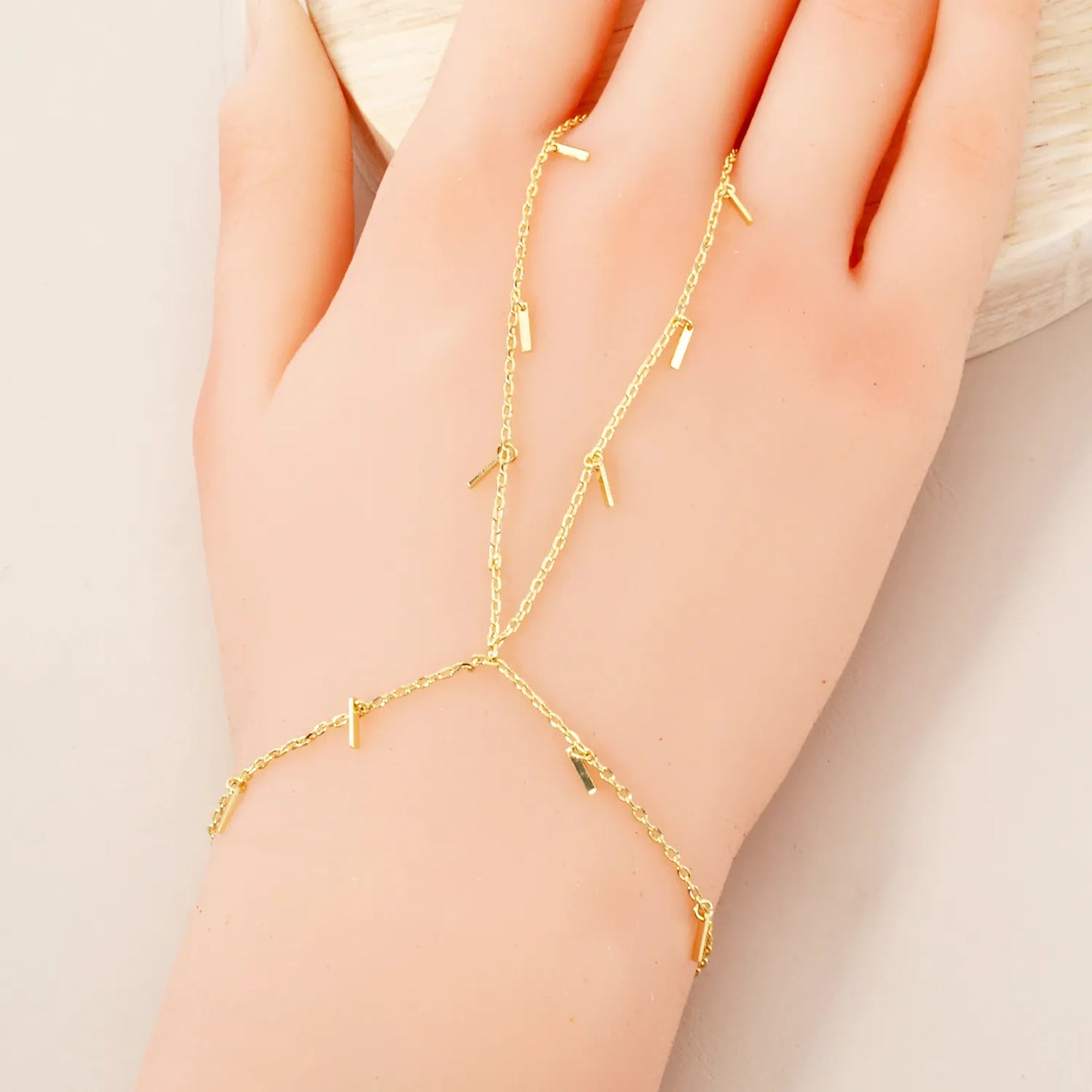 Bar Charms 18K-Gold-Dipped Delicate Brass Hand-Chain Bracelet
