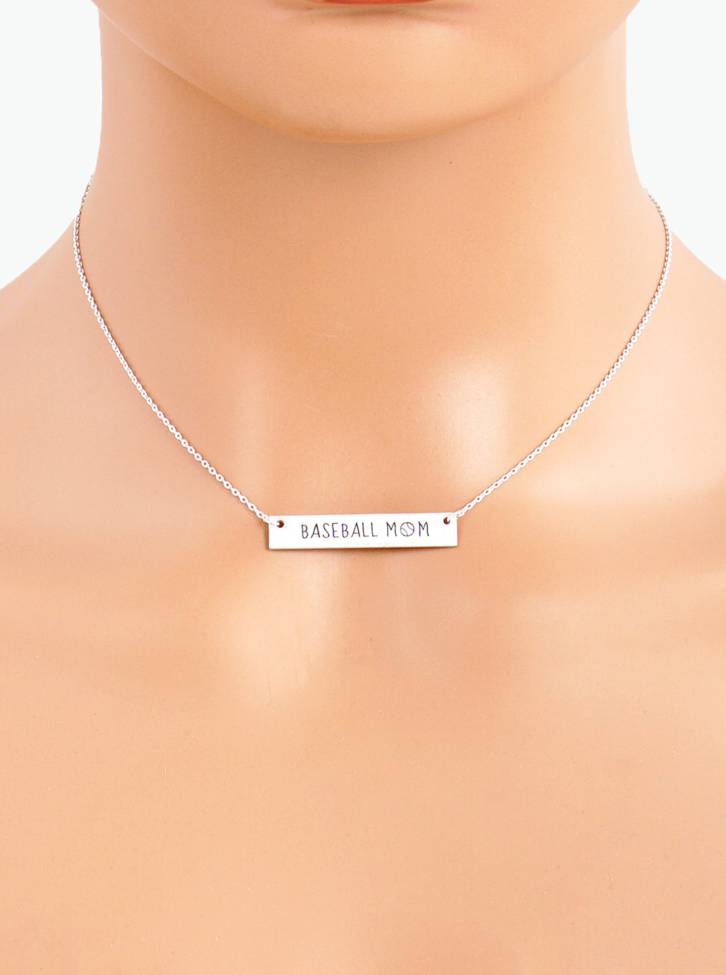 Baseball Mom Engraved Horizontal Bar Pendant Necklace
