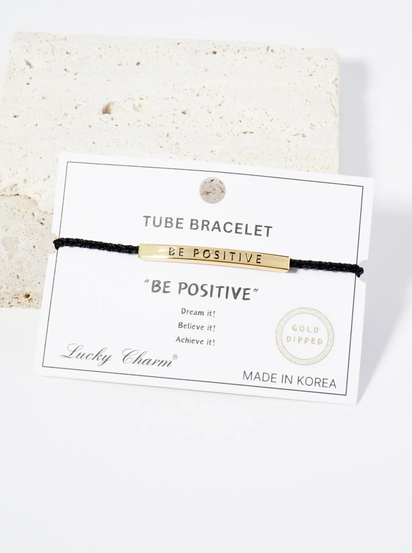 Be Positive Engraved 18K Gold Dipped Curved Brass Tube Bar Adjustable Pull Tie Bracelet