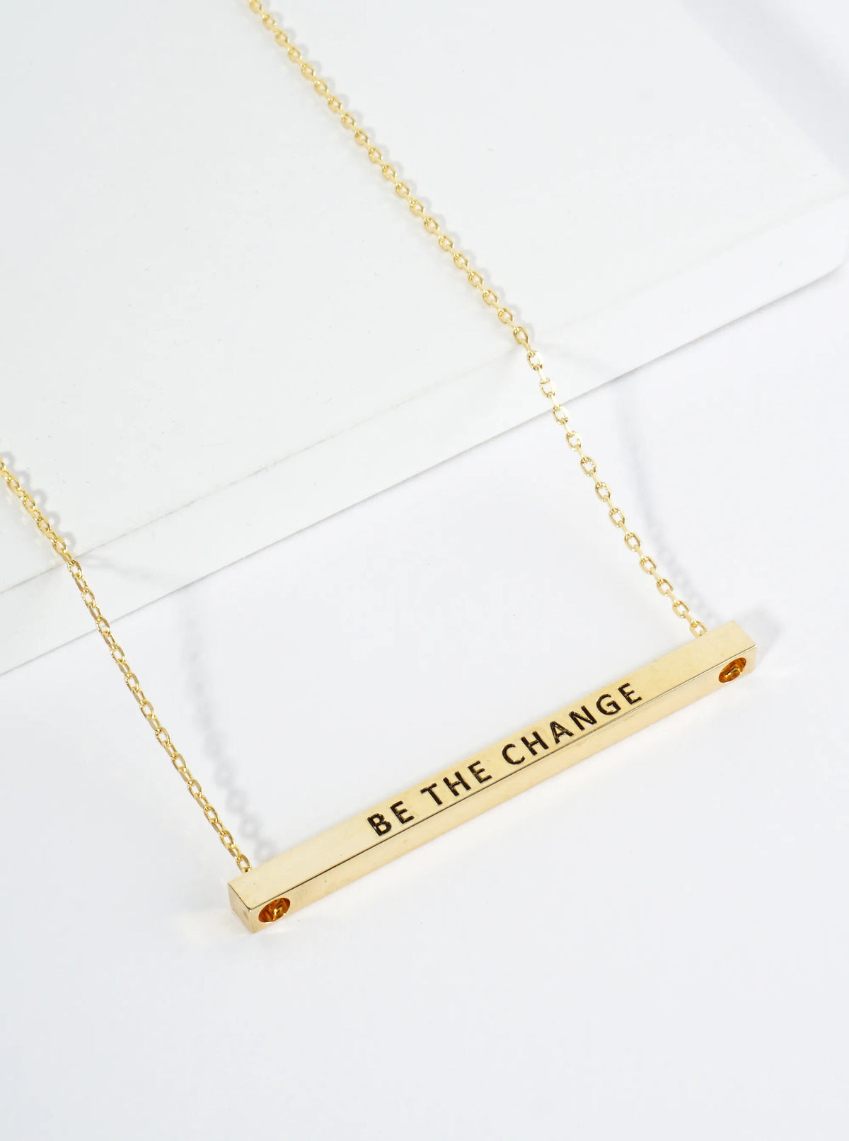 Be The Change Engraved 18K Gold Dipped Horizontal Brass Bar Pendant Inspirational Necklace