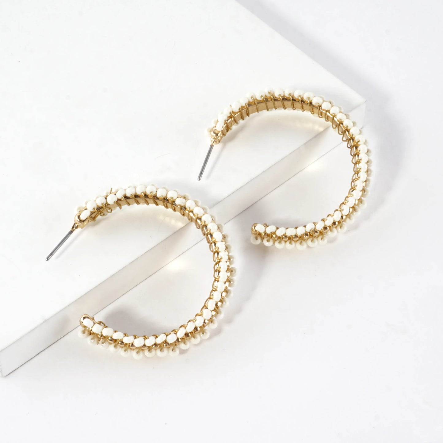 Beaded Textured Open Hoop Earrings