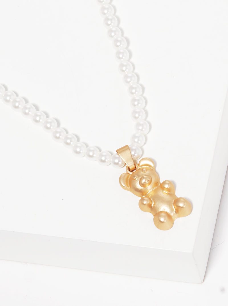 Bear Pendant Pearl Chain Necklace