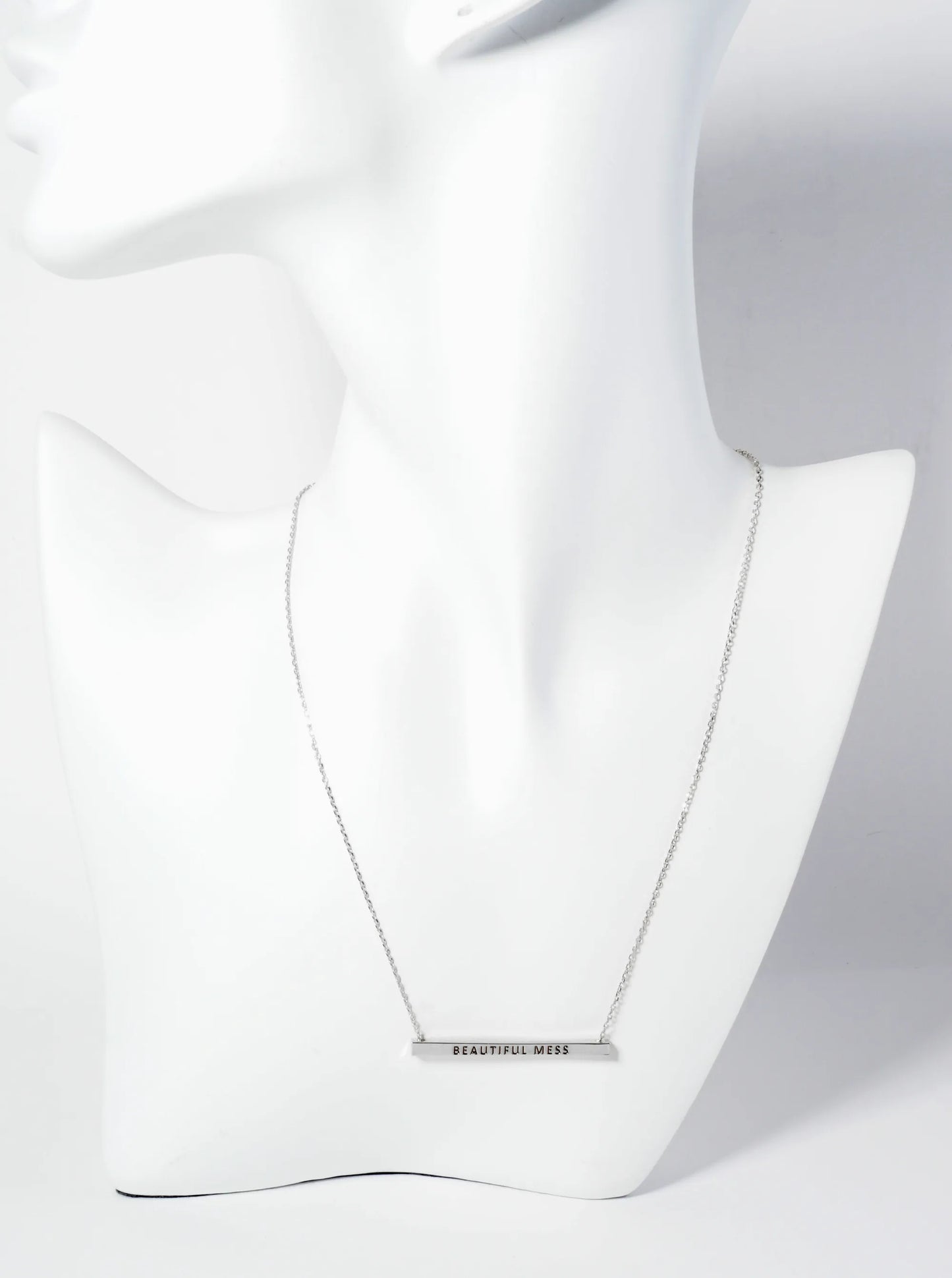 Beautiful Mess Engraved 18K Gold Dipped Horizontal Brass Bar Pendant Inspirational Necklace