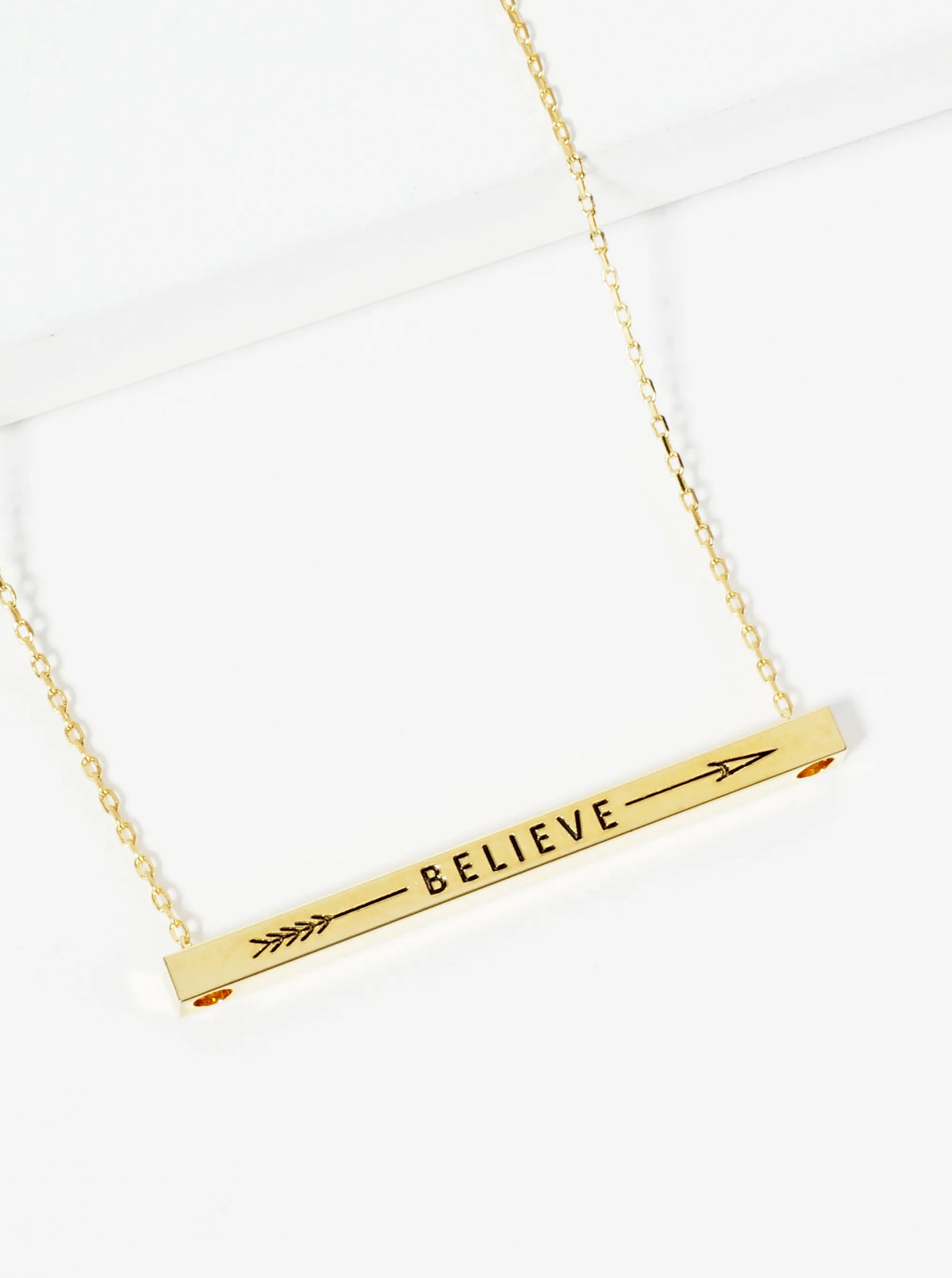 Believe Arrow Engraved 18K Gold Dipped Horizontal Brass Bar Pendant Inspirational Necklace
