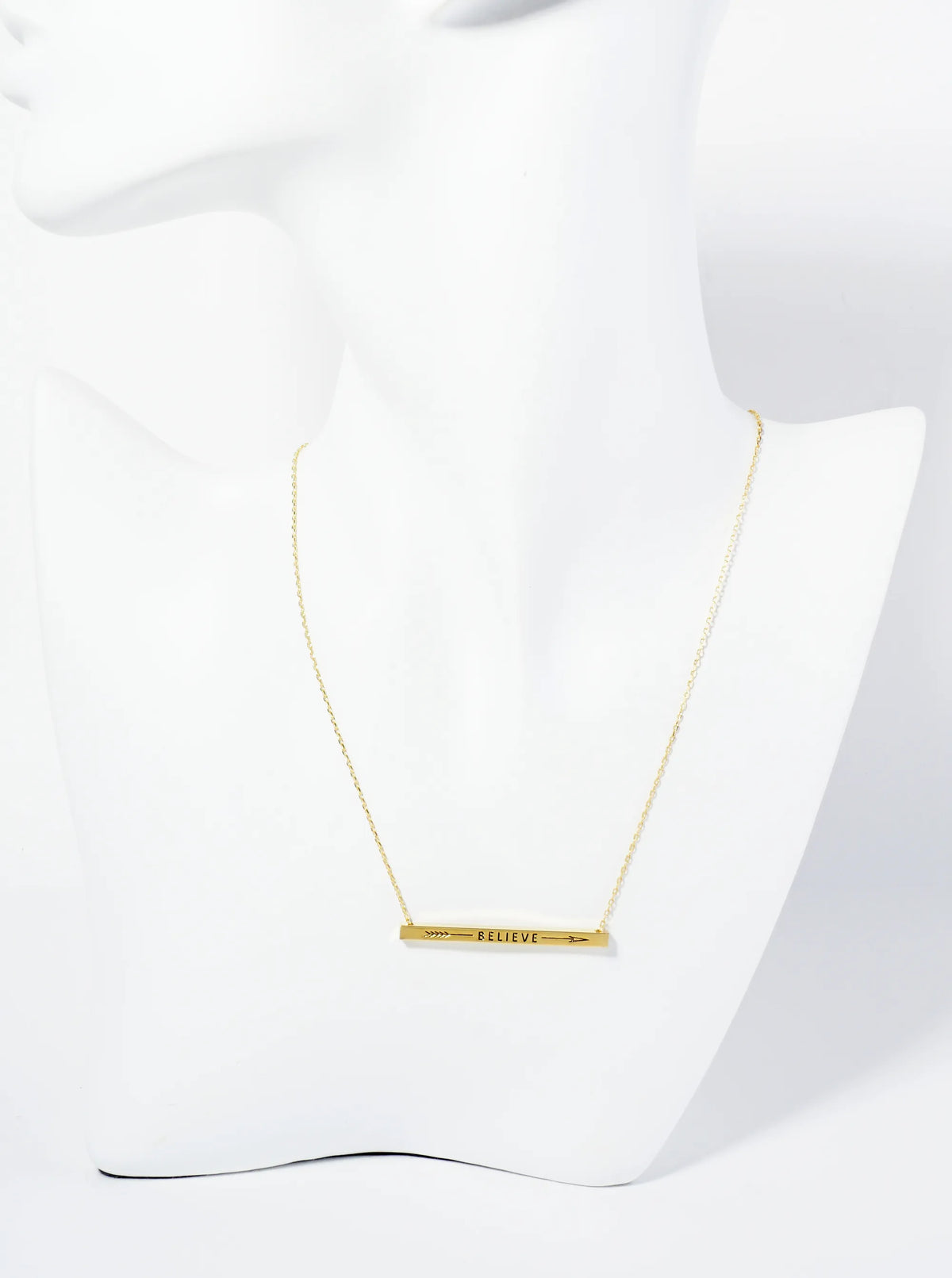 Believe Arrow Engraved 18K Gold Dipped Horizontal Brass Bar Pendant Inspirational Necklace