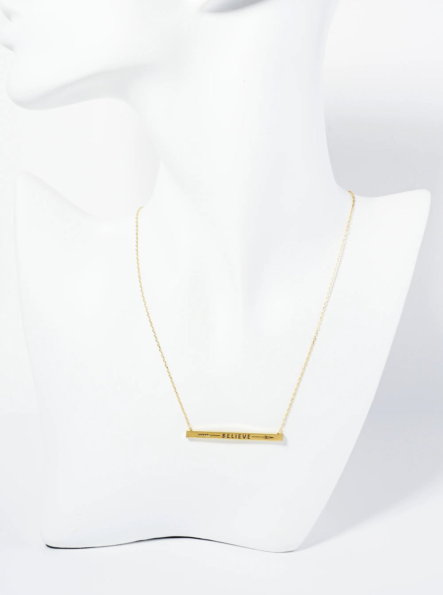 Believe Arrow Engraved 18K Gold Dipped Horizontal Brass Bar Pendant Inspirational Necklace