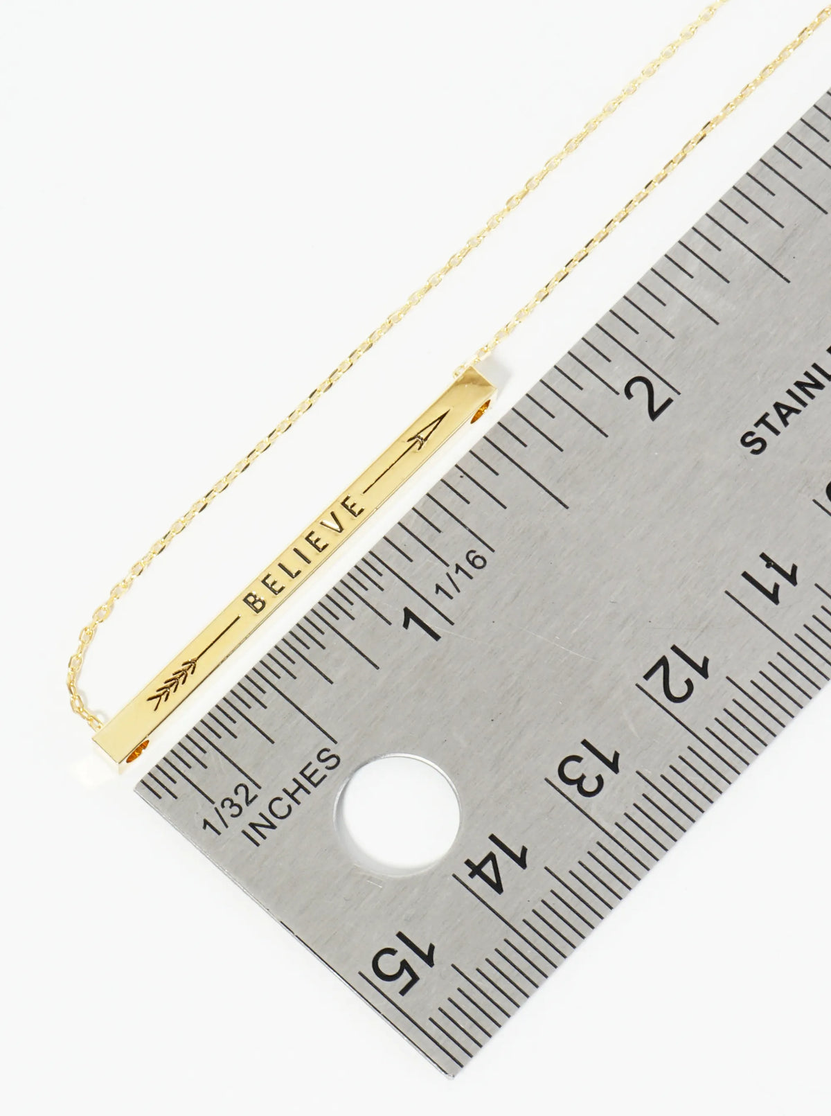 Believe Arrow Engraved 18K Gold Dipped Horizontal Brass Bar Pendant Inspirational Necklace
