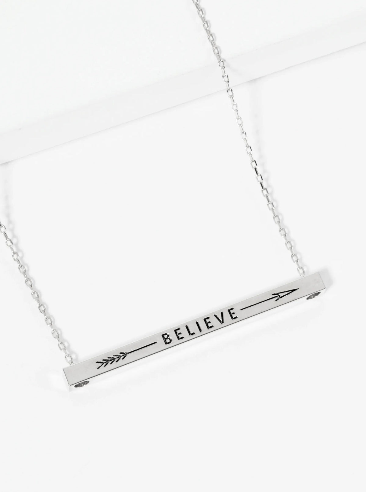 Believe Arrow Engraved 18K Gold Dipped Horizontal Brass Bar Pendant Inspirational Necklace