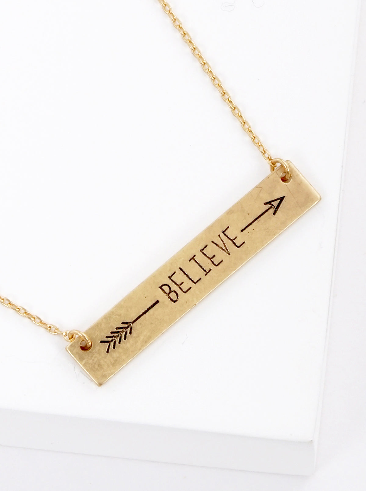 Believe Arrow Engraved Horizontal Bar Pendant Necklace
