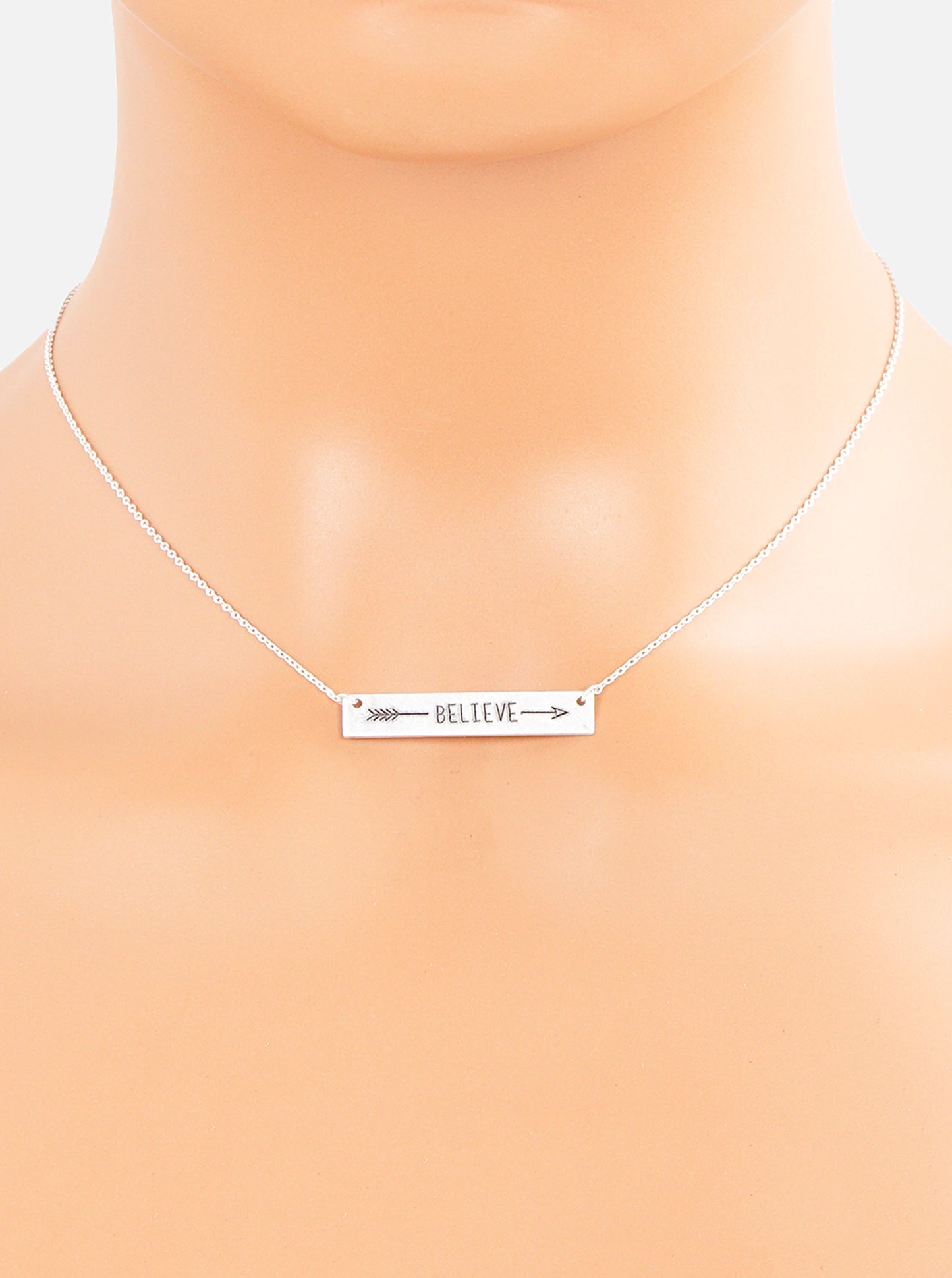Believe Arrow Engraved Horizontal Bar Pendant Necklace