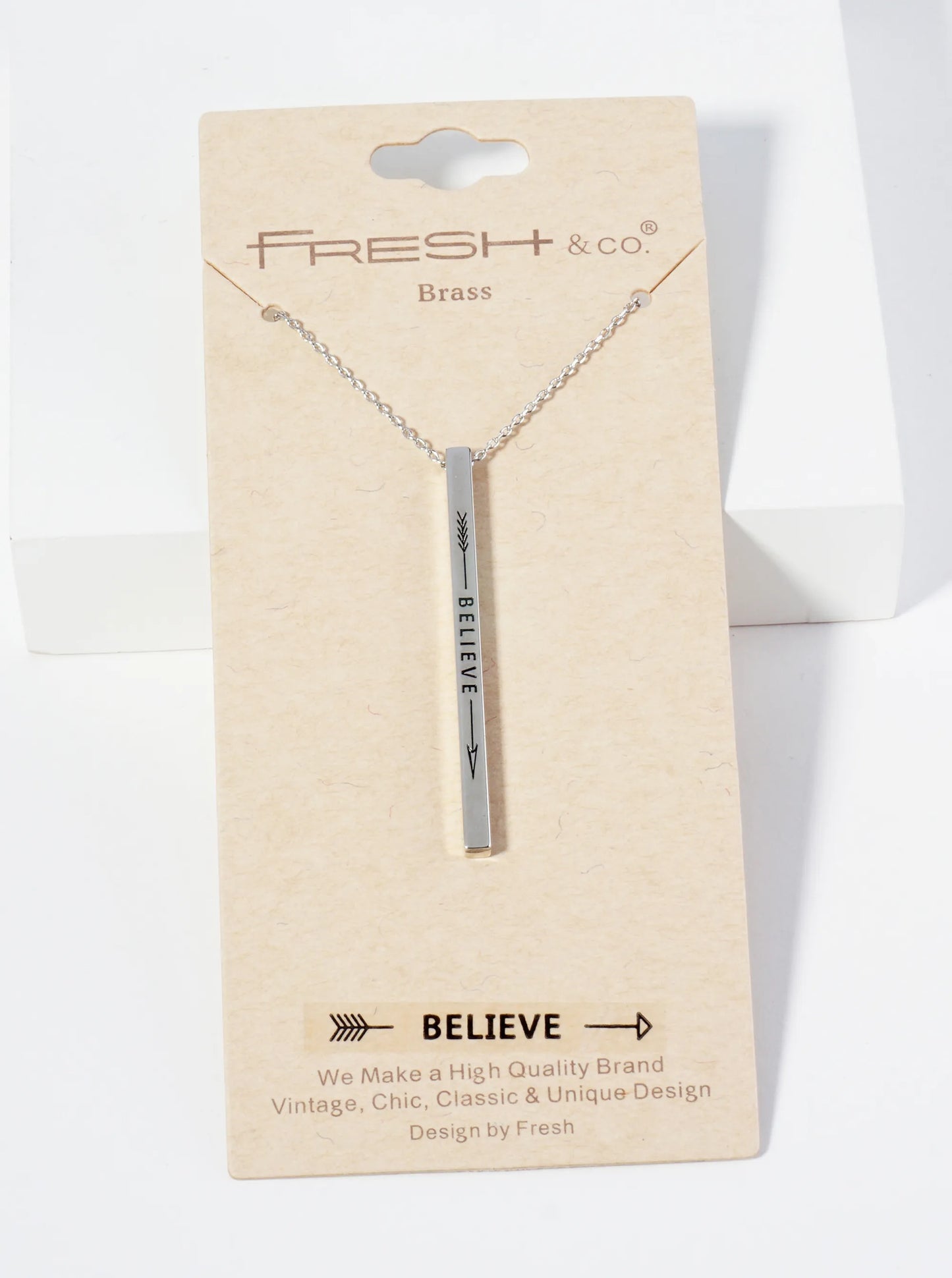 Believe Arrow Engraved Vertical Bar Pendant Inspirational Necklace