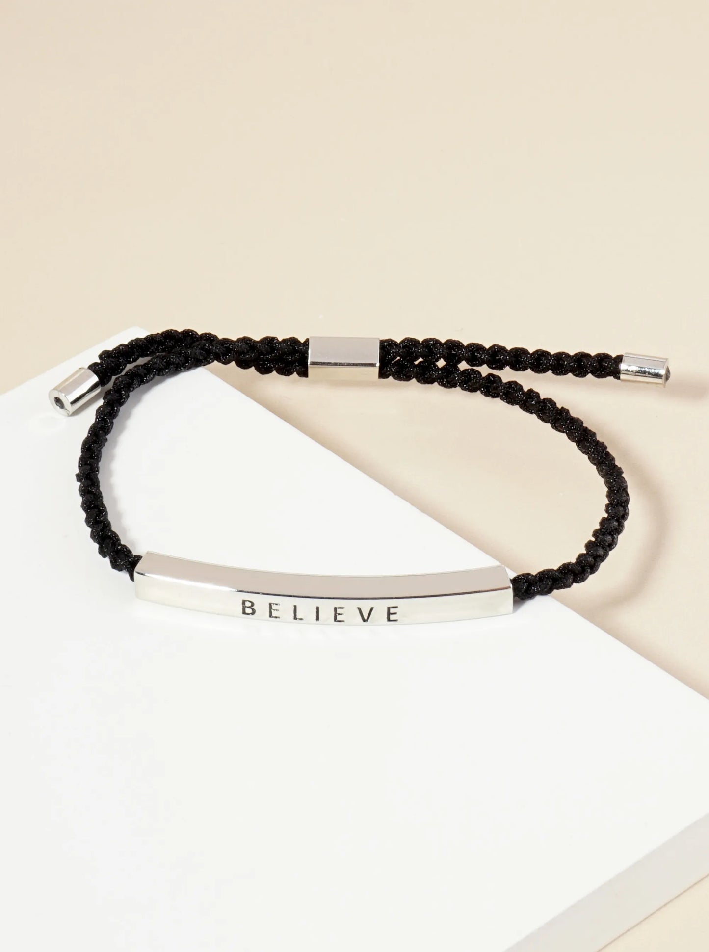 Believe Engraved 18K Gold Dipped Curved Brass Tube Bar Adjustable Pull Tie Bracelet
