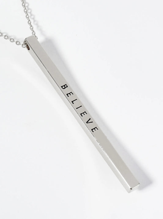Believe Engraved Vertical Bar Pendant Inspirational Necklace
